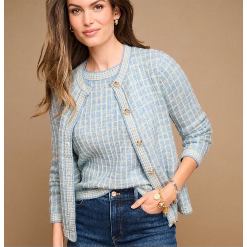 2PC set, Talbots Sweater Set Women's M, Blue Hydrangea/Ivory Sequin Plaid - Picture 3 of 4